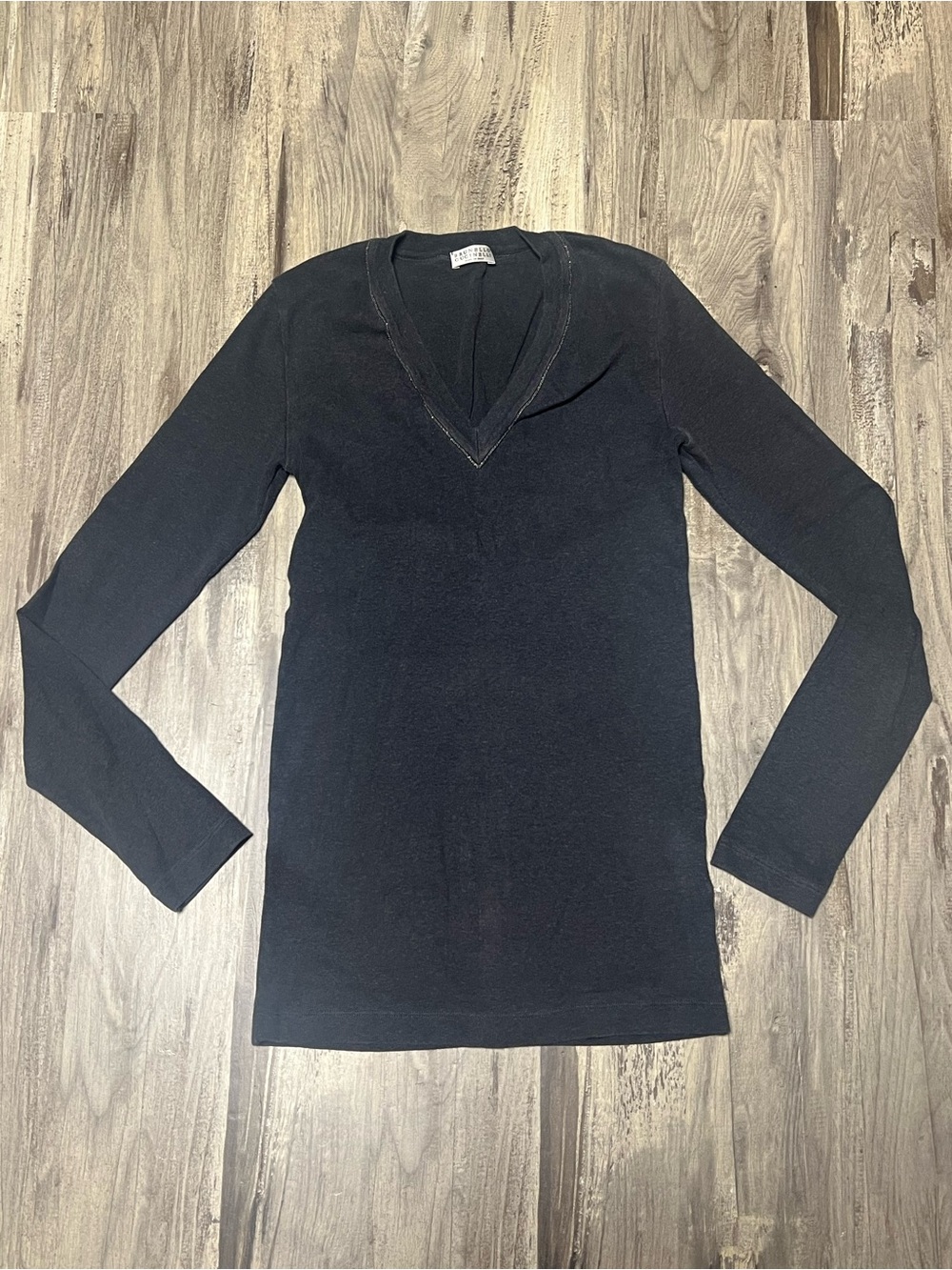 Brunello Cucinelli Monili V-Neck Long Sleeve Top Black Anthracite Size S Italy